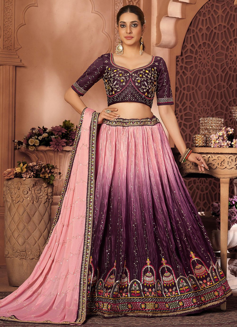 A Line Lehenga Chinon Crush Pink Purple Embroidered Lehenga Choli