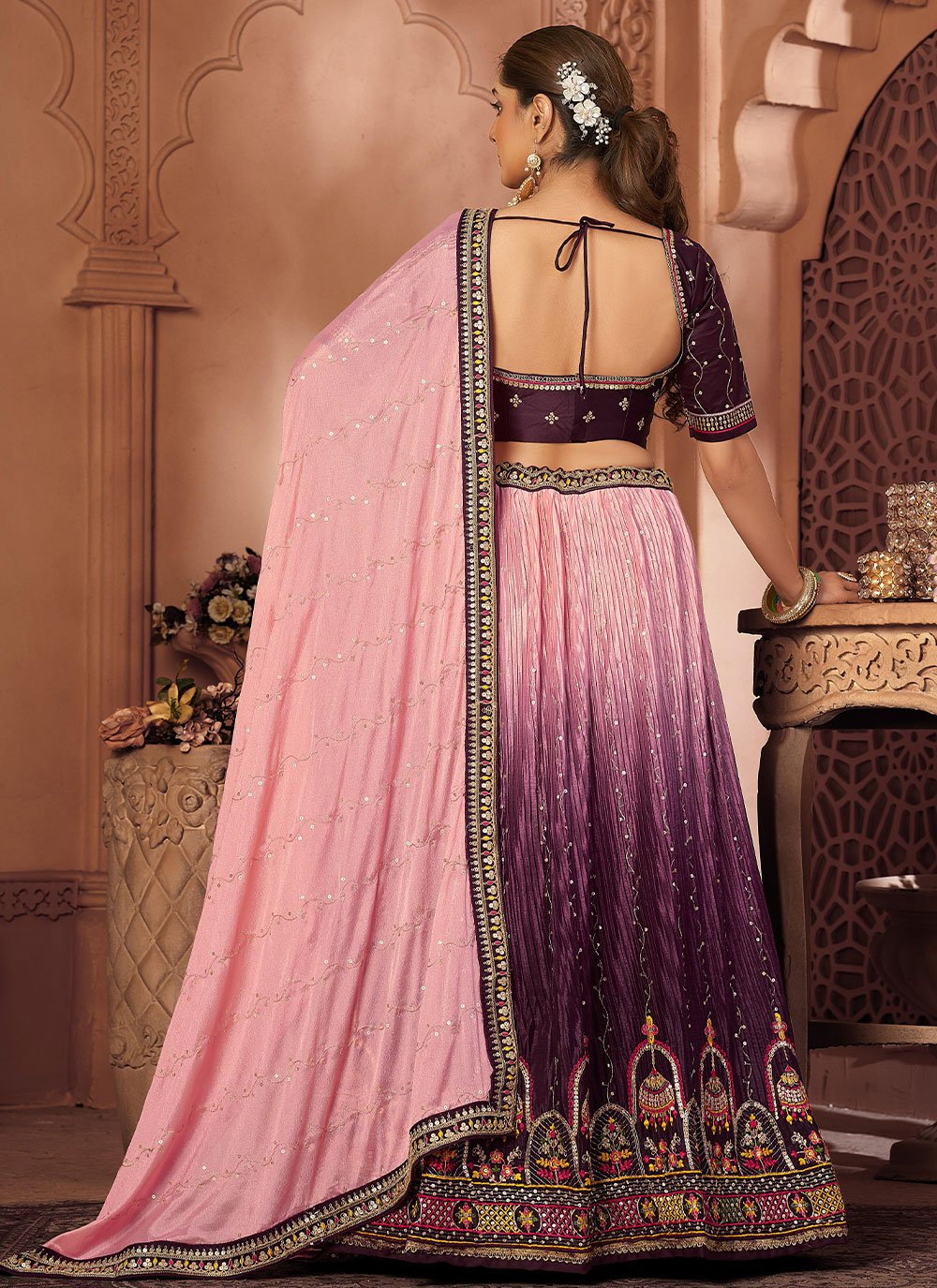 A Line Lehenga Chinon Crush Pink Purple Embroidered Lehenga Choli