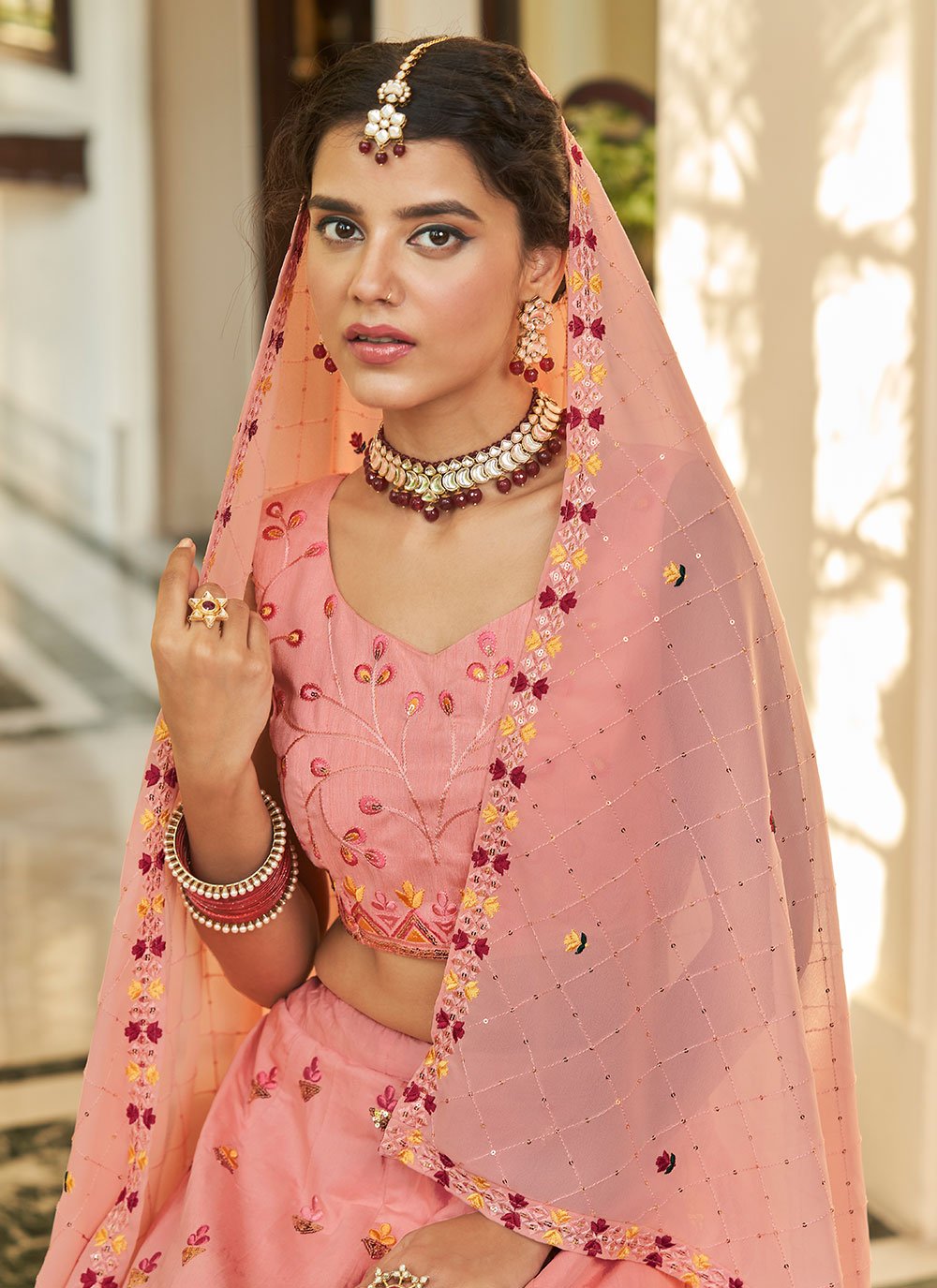 Lehenga Choli Art Silk Pink Rani Embroidered Lehenga Choli