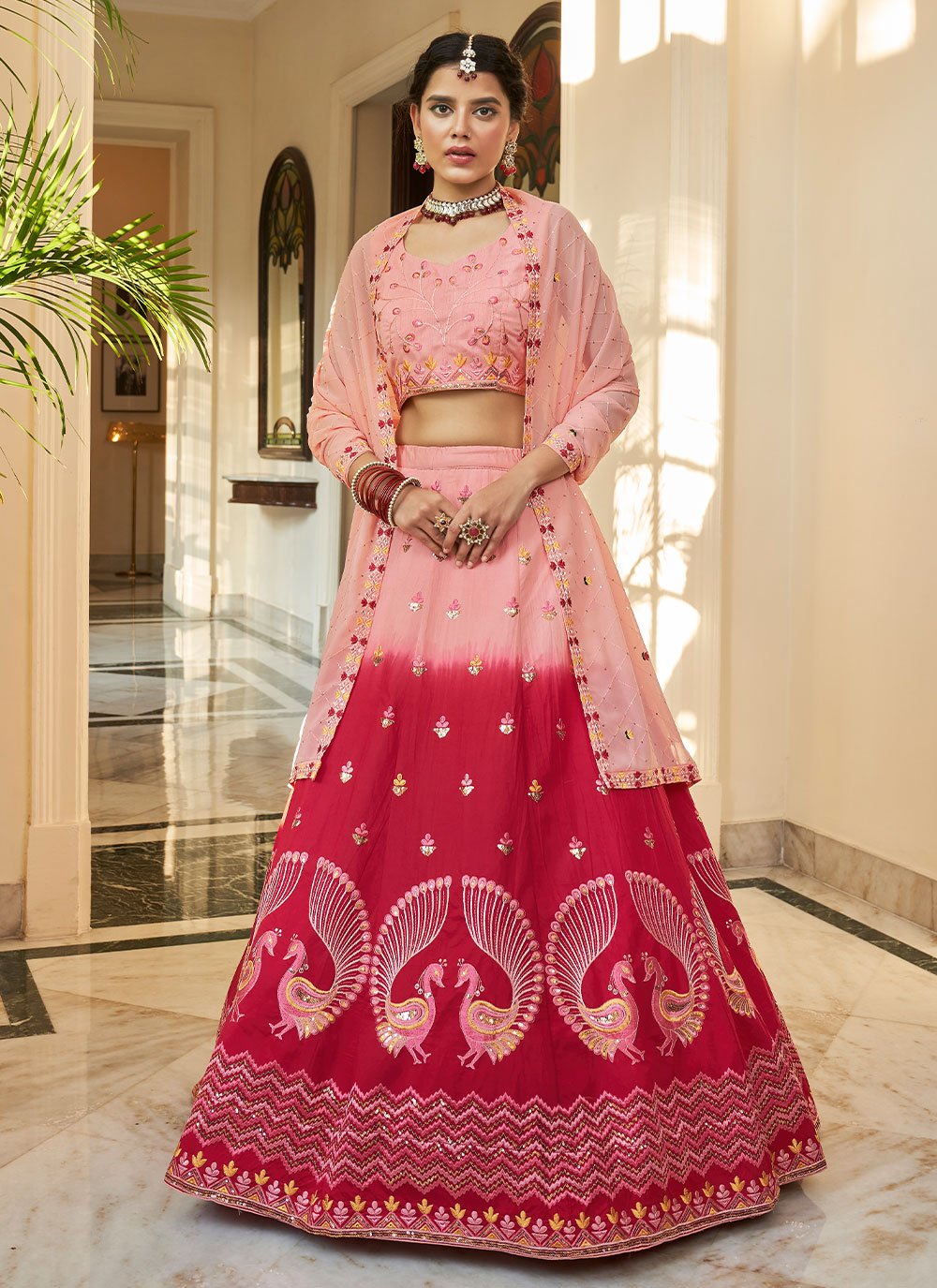 Lehenga Choli Art Silk Pink Rani Embroidered Lehenga Choli