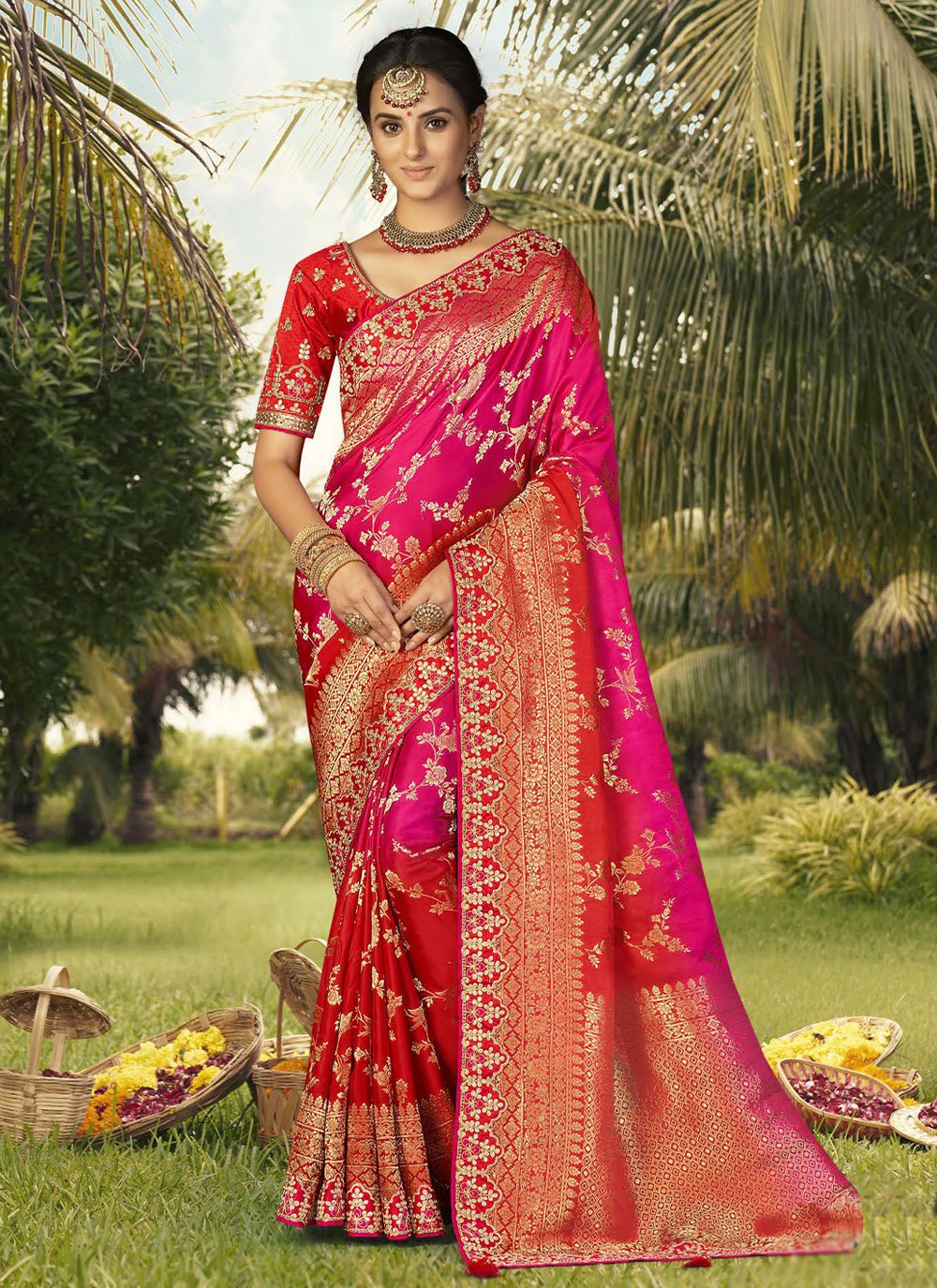 Trendy Saree Silk Pink Red Patch Border Saree