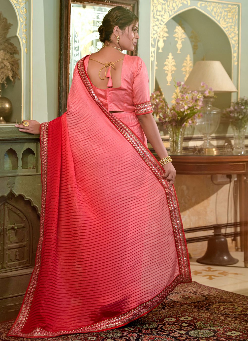 Contemporary Chinon Pink Red Embroidered Saree