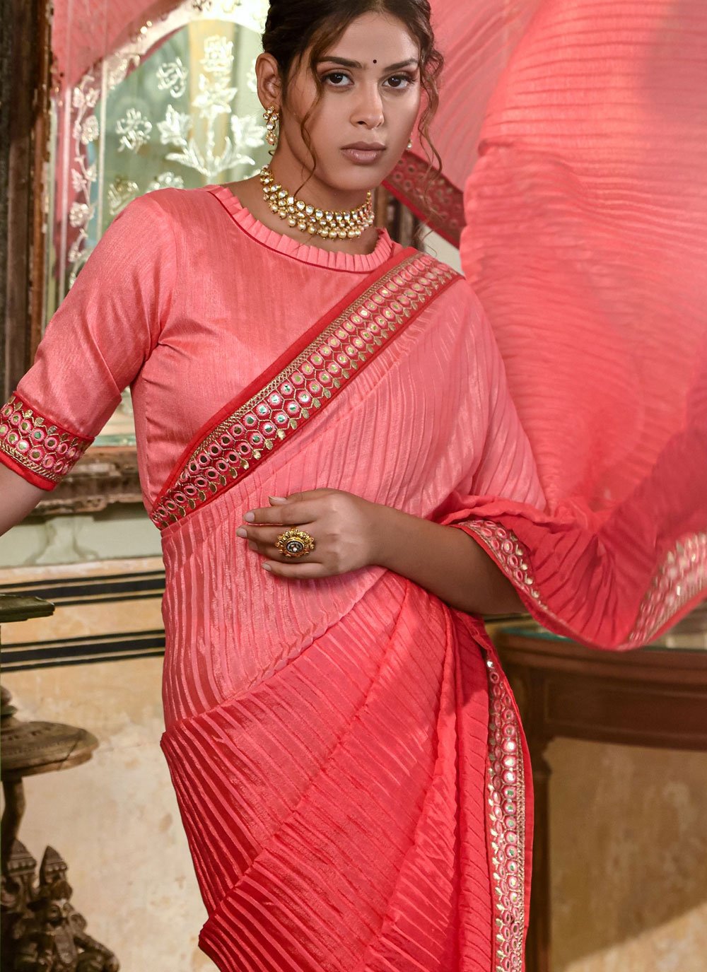 Contemporary Chinon Pink Red Embroidered Saree