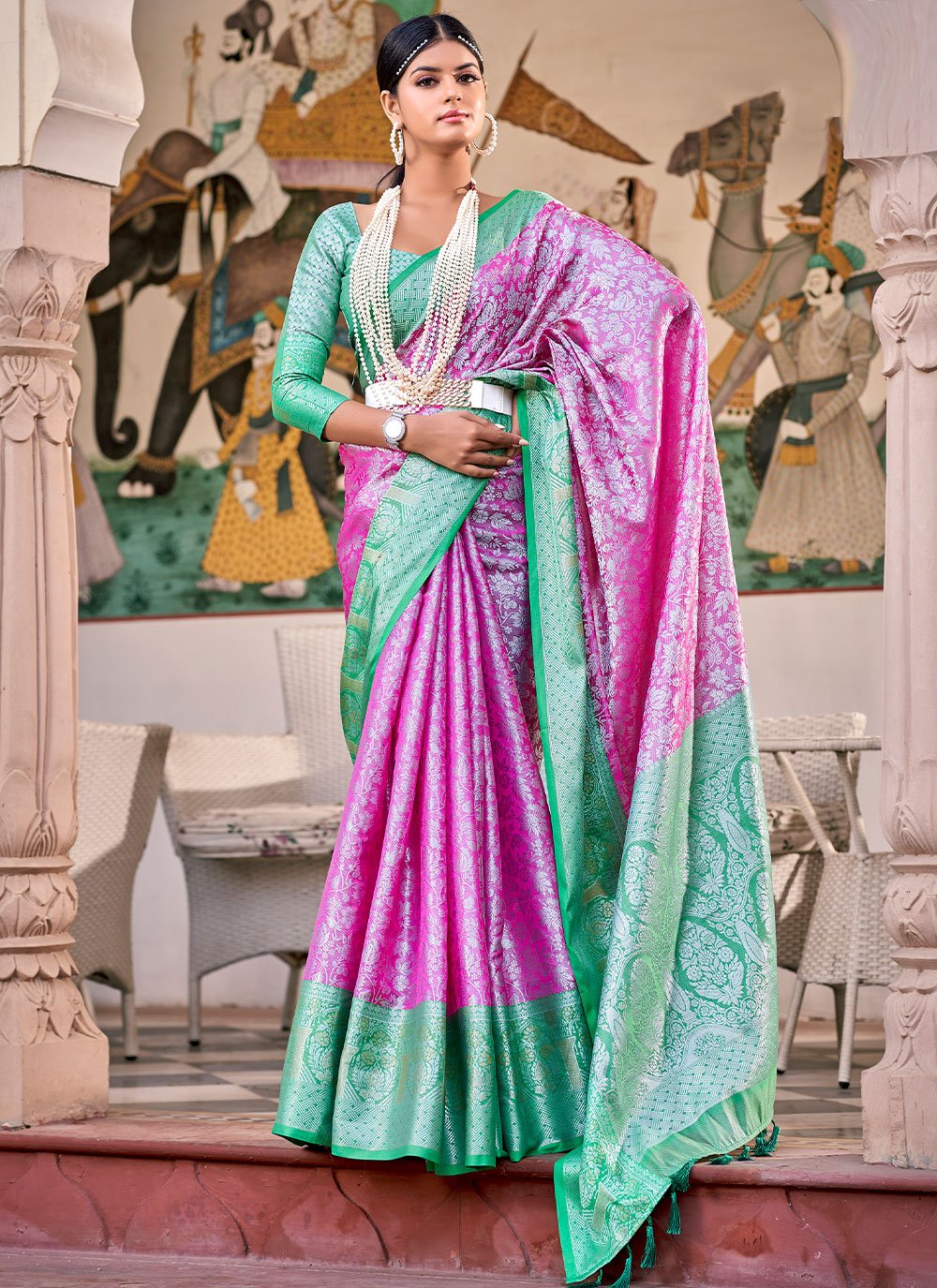 Trendy Saree Silk Tissue Pink Sea Green Weaving Saree