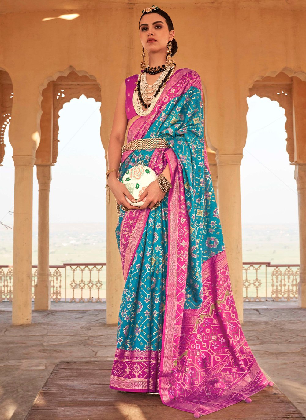 Trendy Saree Silk Pink Turquoise Patola Print Saree