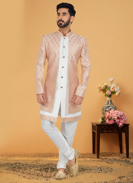 Indo Western Banarasi Silk Jacquard Silk Pink White Embroidered Mens