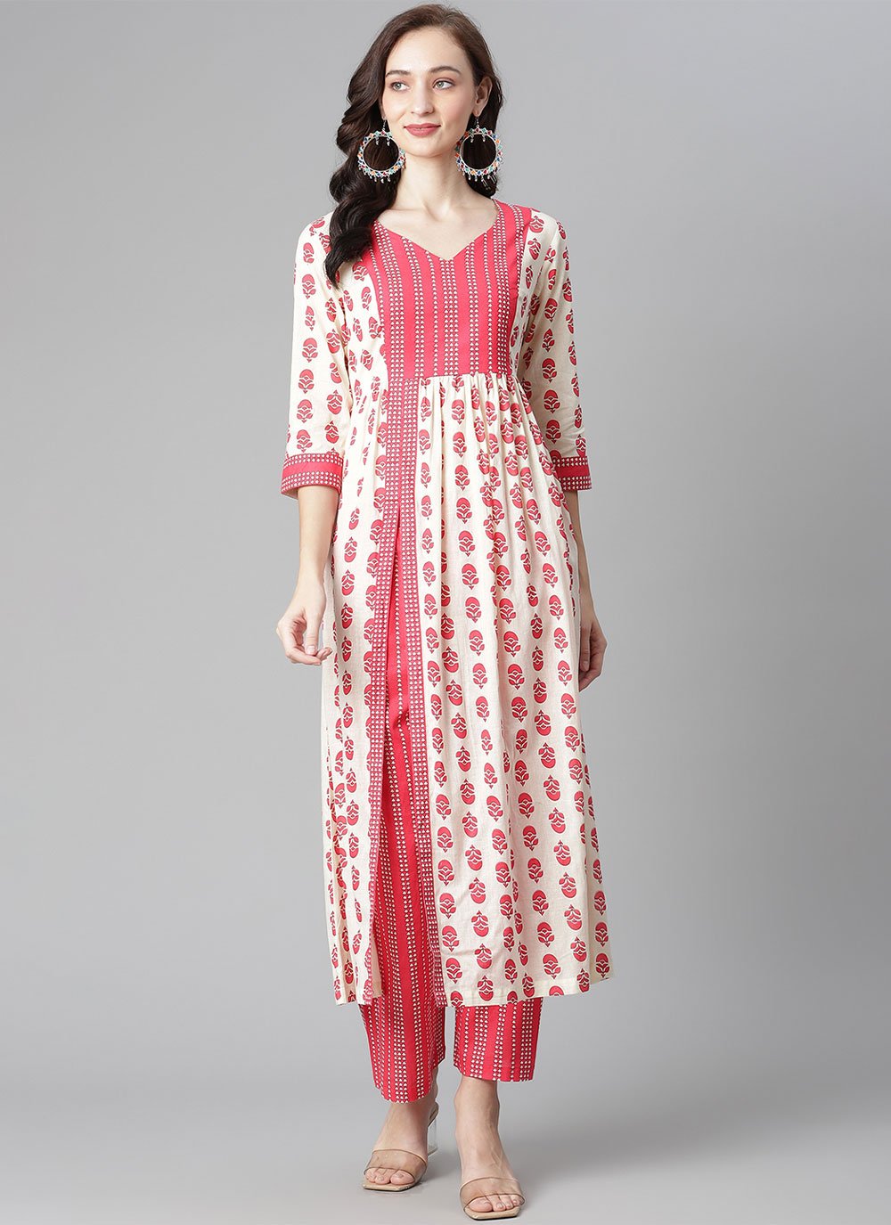 Designer Kurti Cotton Pink White Print Kurtis