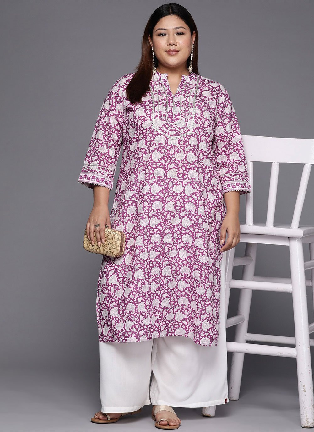 Party Wear Kurti Cotton Pink White Print Kurtis