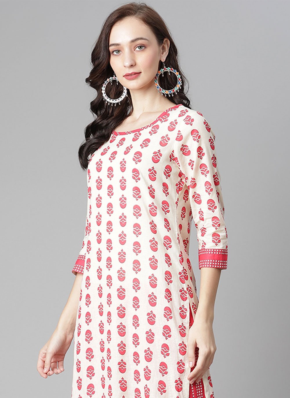 Designer Kurti Cotton Pink White Print Kurtis