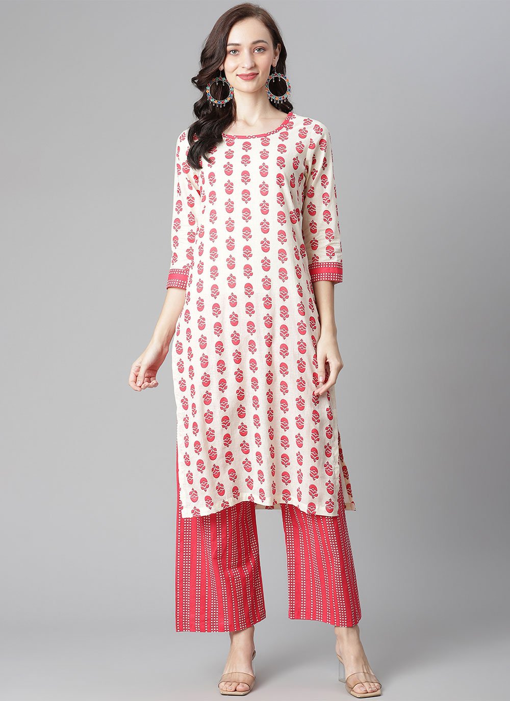 Designer Kurti Cotton Pink White Print Kurtis