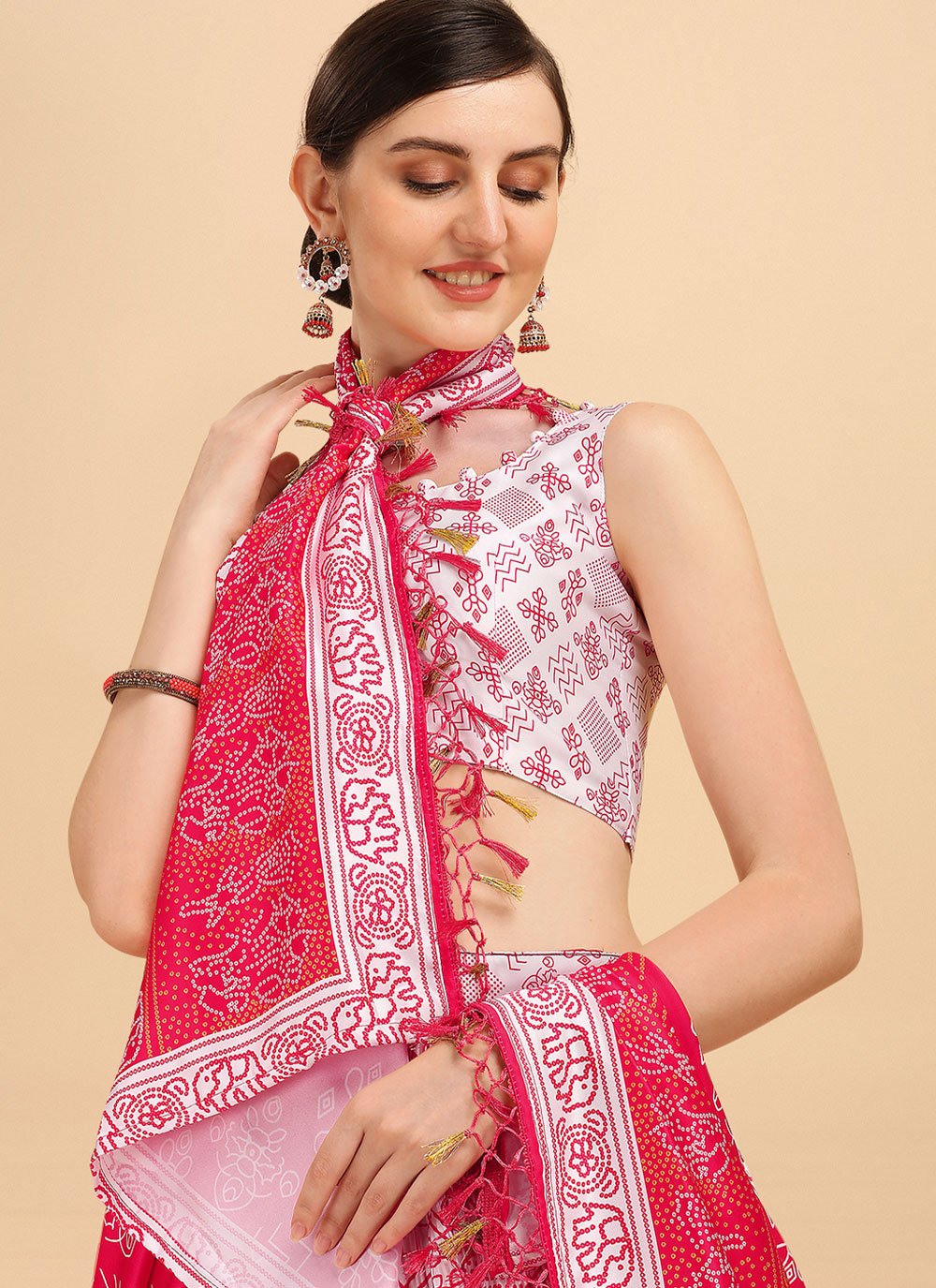 Lehenga Choli Satin Pink White Digital Print Lehenga Choli