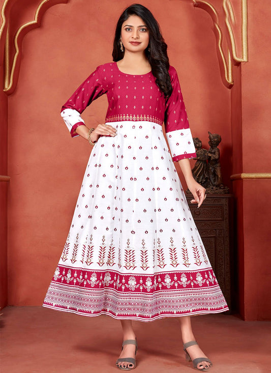 Casual Kurti Rayon Pink White Foil Print Kurtis