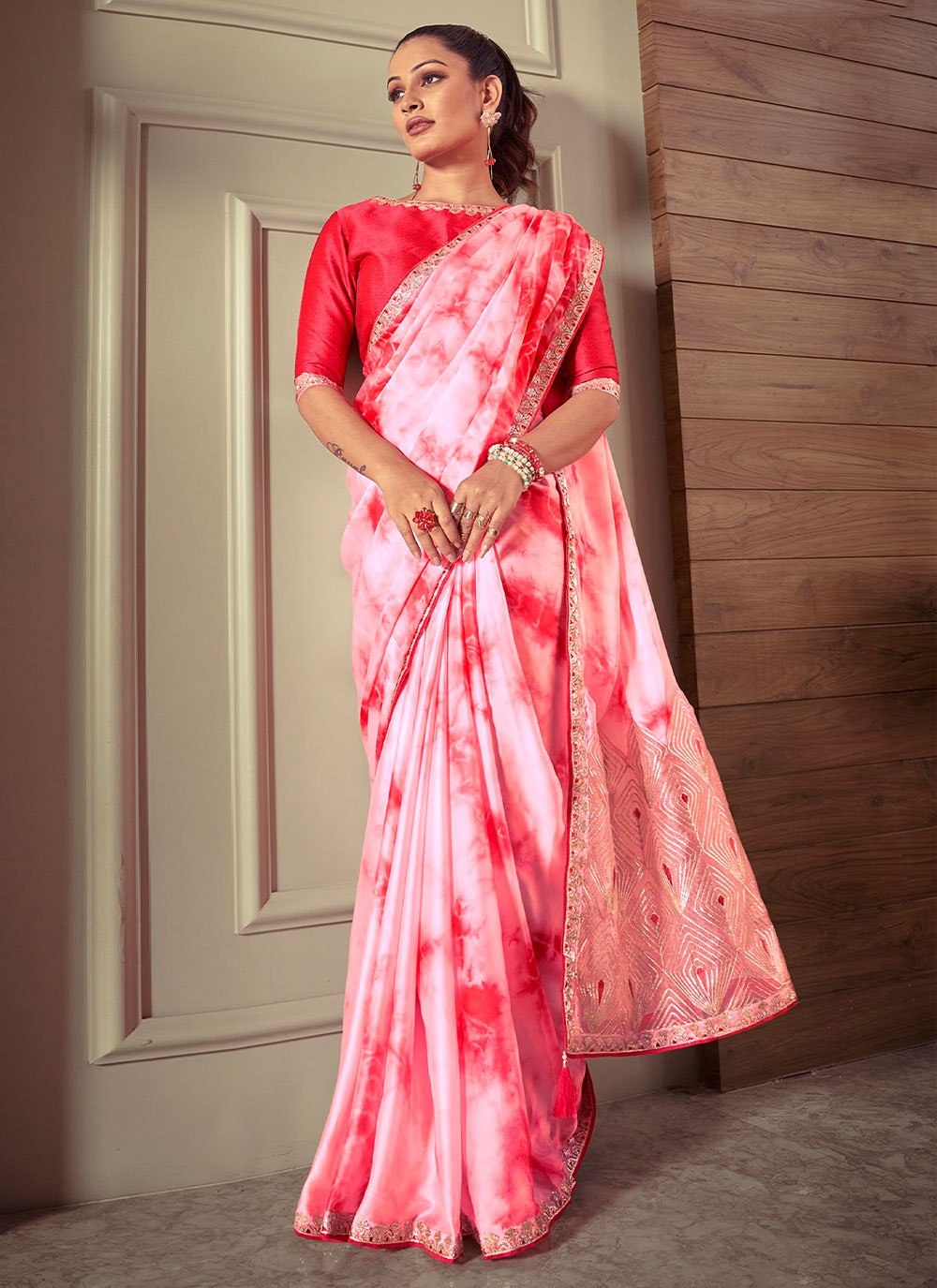 Classic Crepe Silk Satin Pink White Lace Saree