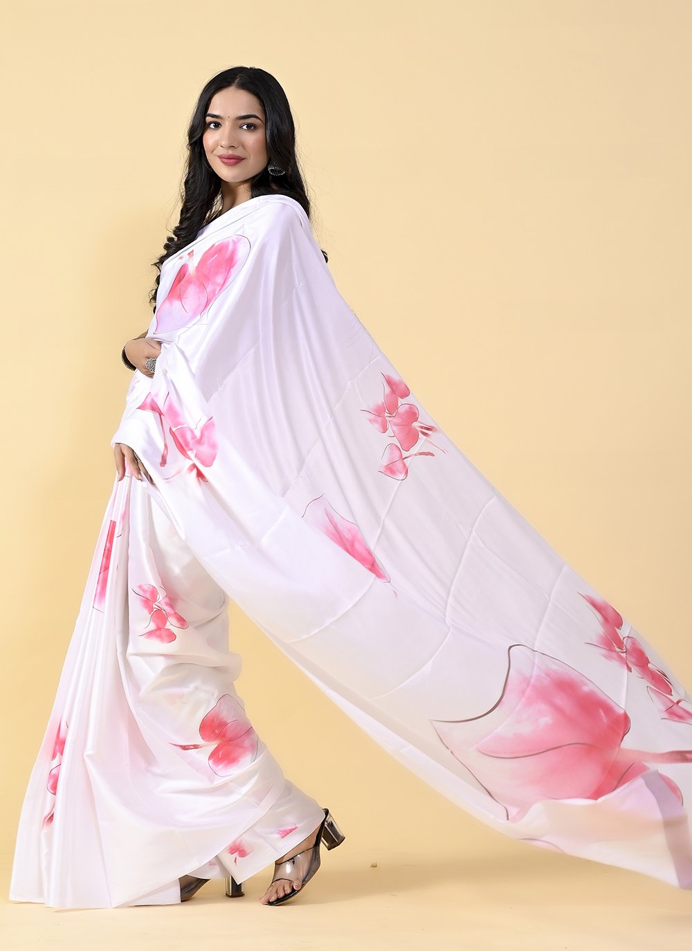 Casual Satin Silk Pink White Digital Print Saree