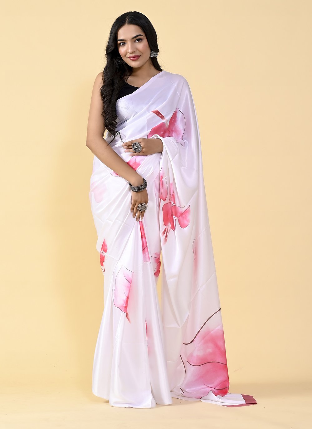 Casual Satin Silk Pink White Digital Print Saree