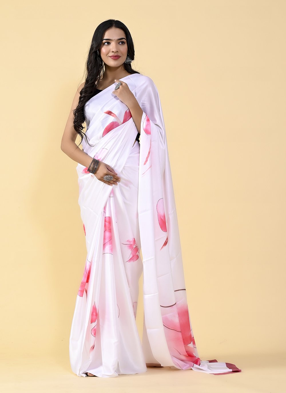 Casual Satin Silk Pink White Digital Print Saree