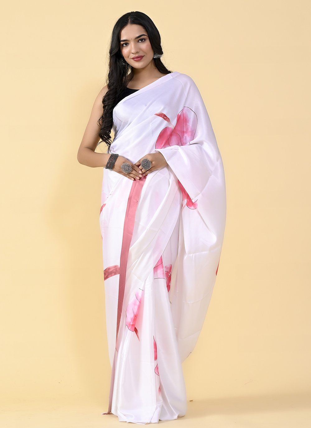 Casual Satin Silk Pink White Digital Print Saree