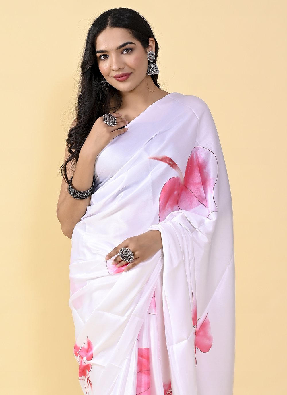 Casual Satin Silk Pink White Digital Print Saree