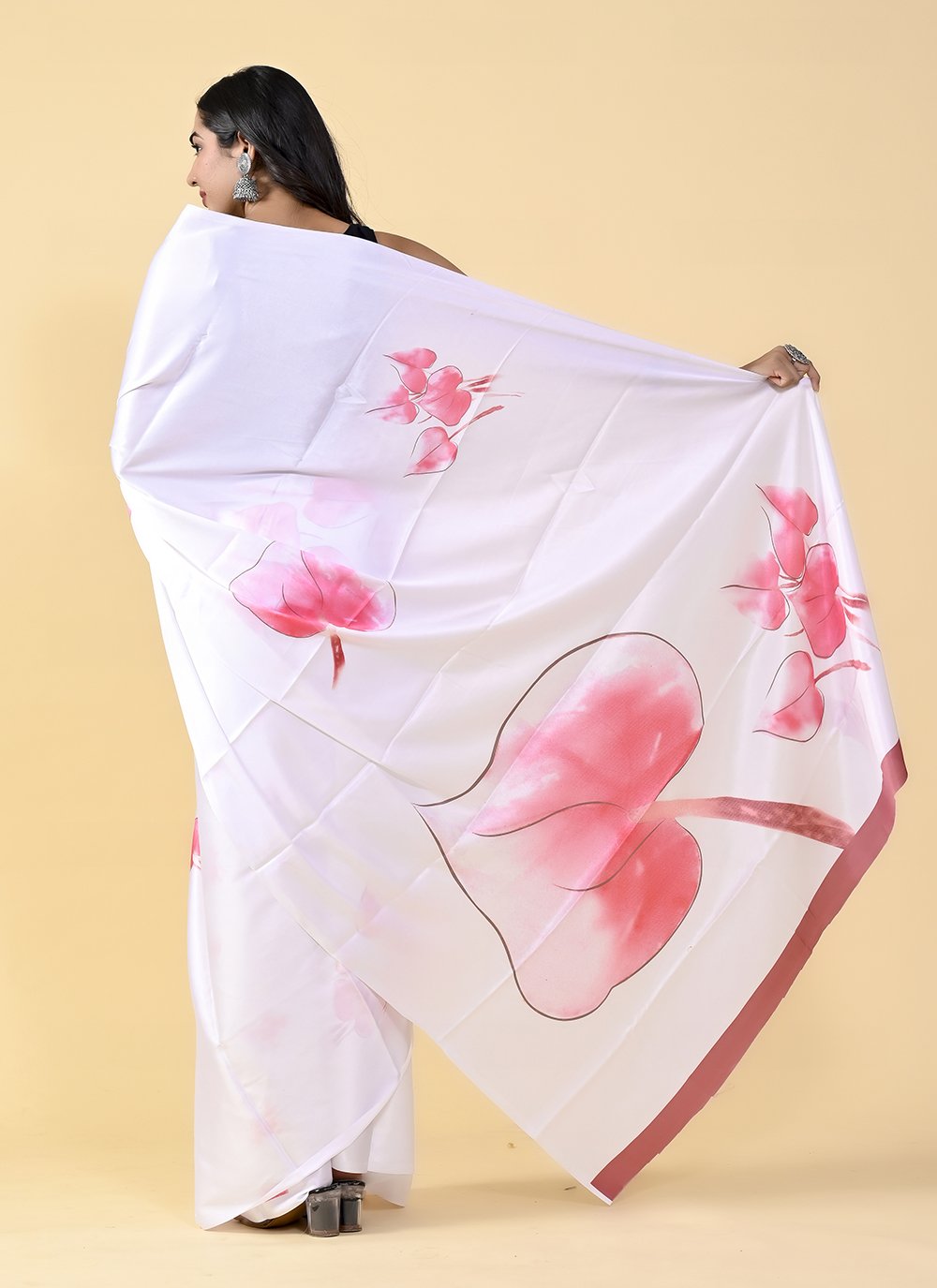 Casual Satin Silk Pink White Digital Print Saree