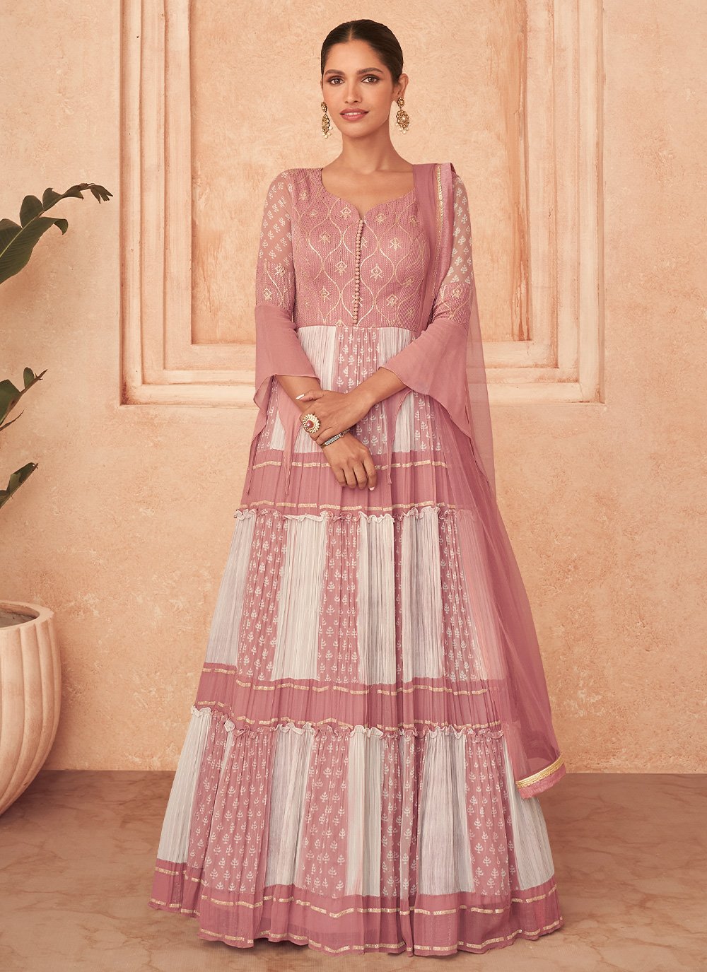 Gown Georgette Pink White Embroidered Gown