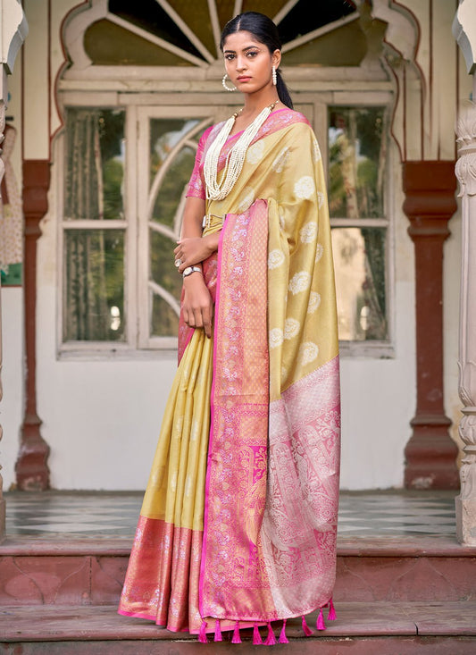 Trendy Saree Silk Tissue Pink Yellow Weaving Saree