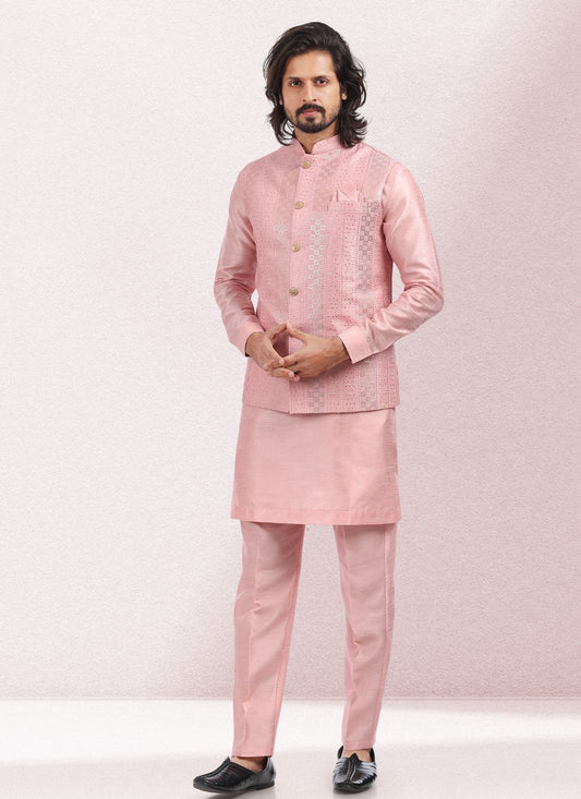 Kurta Payjama With Jacket Art Banarasi Silk Pink Thread Mens