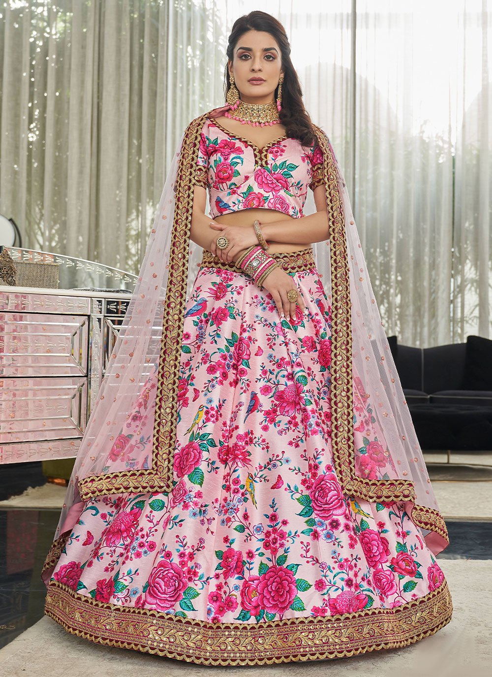 A Line Lehenga Art Silk Pink Digital Print Lehenga Choli