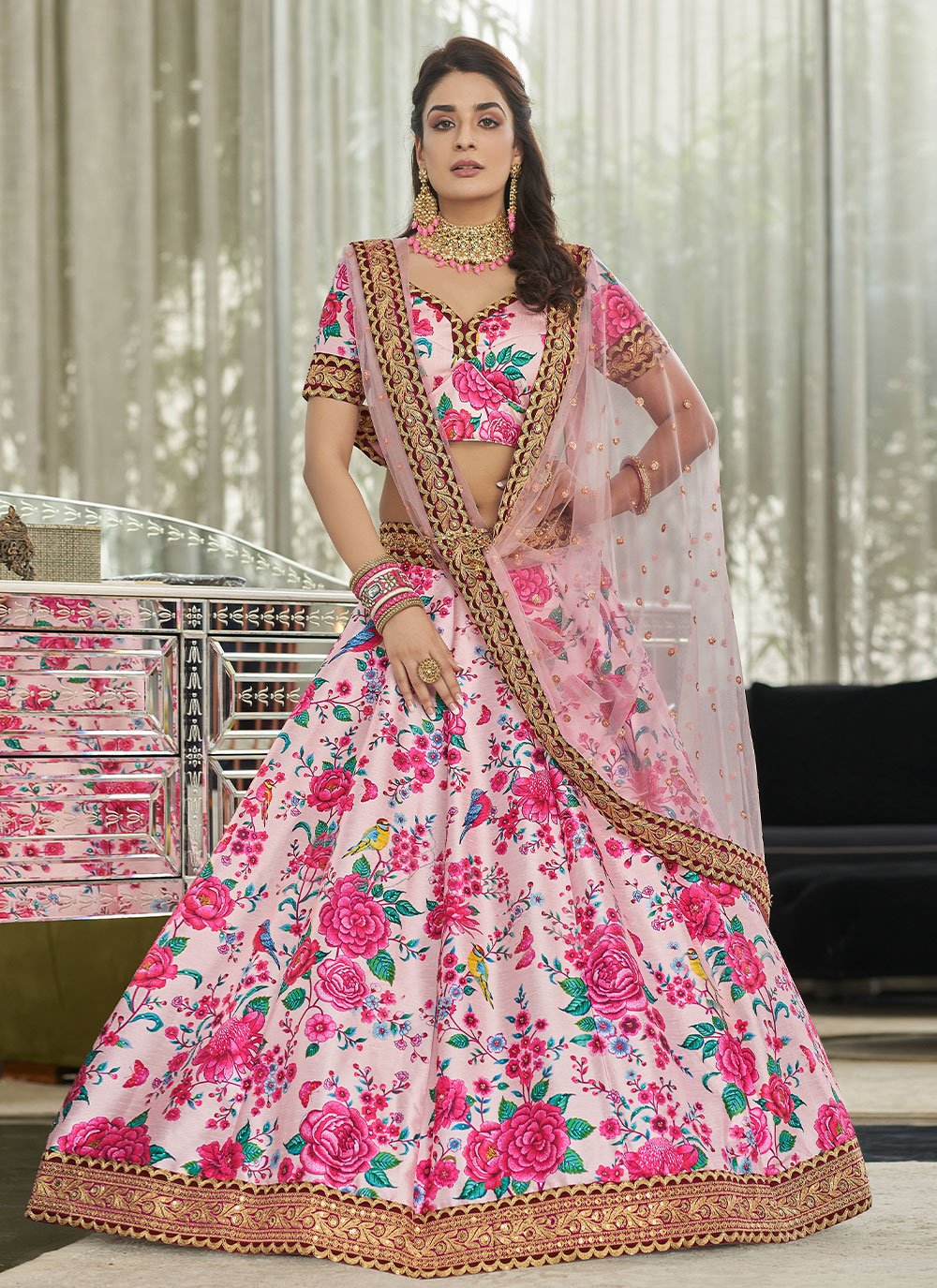 A Line Lehenga Art Silk Pink Digital Print Lehenga Choli