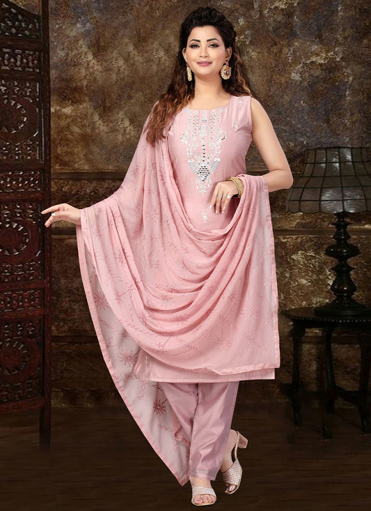 Straight Salwar Suit Art Silk Pink Embroidered Salwar Kameez