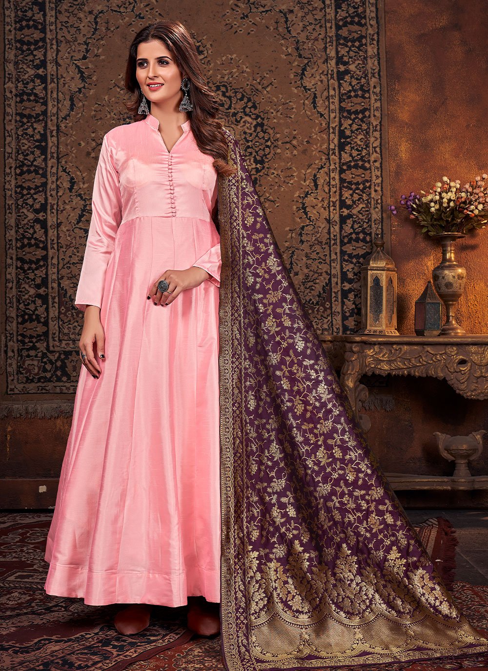 Salwar Suit Art Silk Pink Plain Salwar Kameez