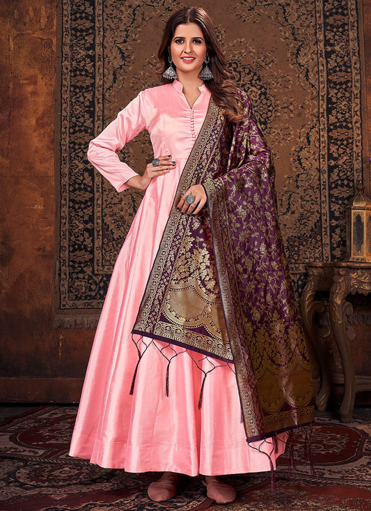Salwar Suit Art Silk Pink Plain Salwar Kameez