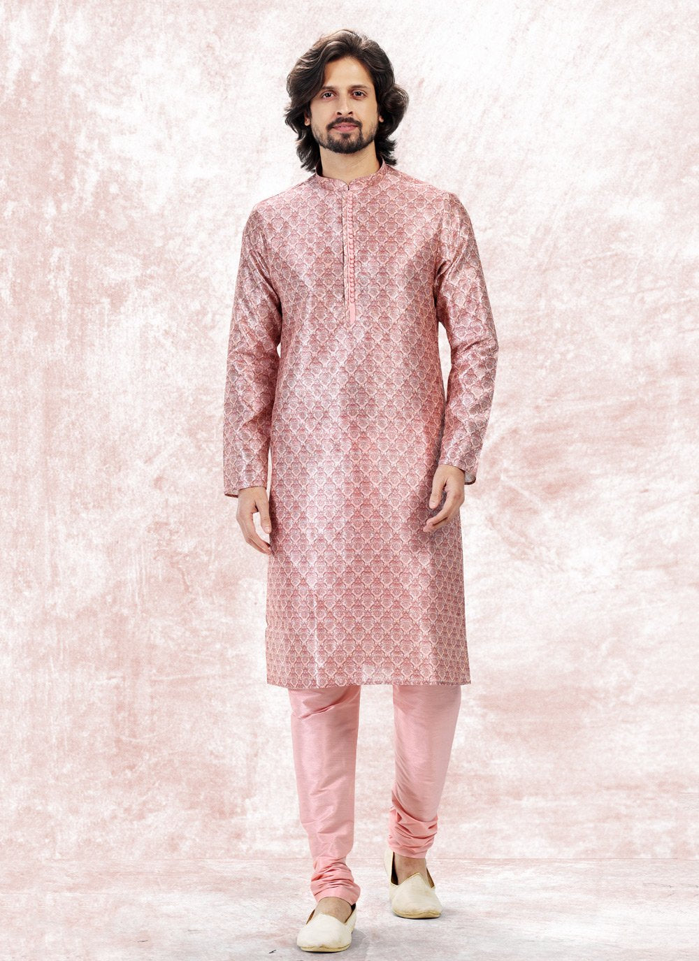 Kurta Pyjama Banarasi Jacquard Pink Fancy Work Mens