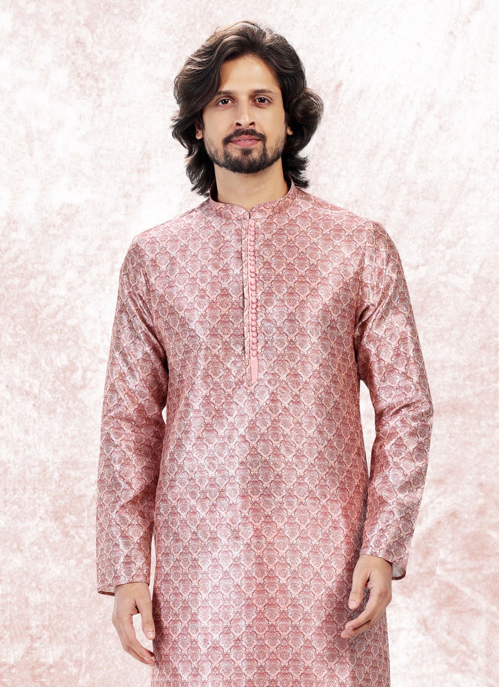 Kurta Pyjama Banarasi Jacquard Pink Fancy Work Mens