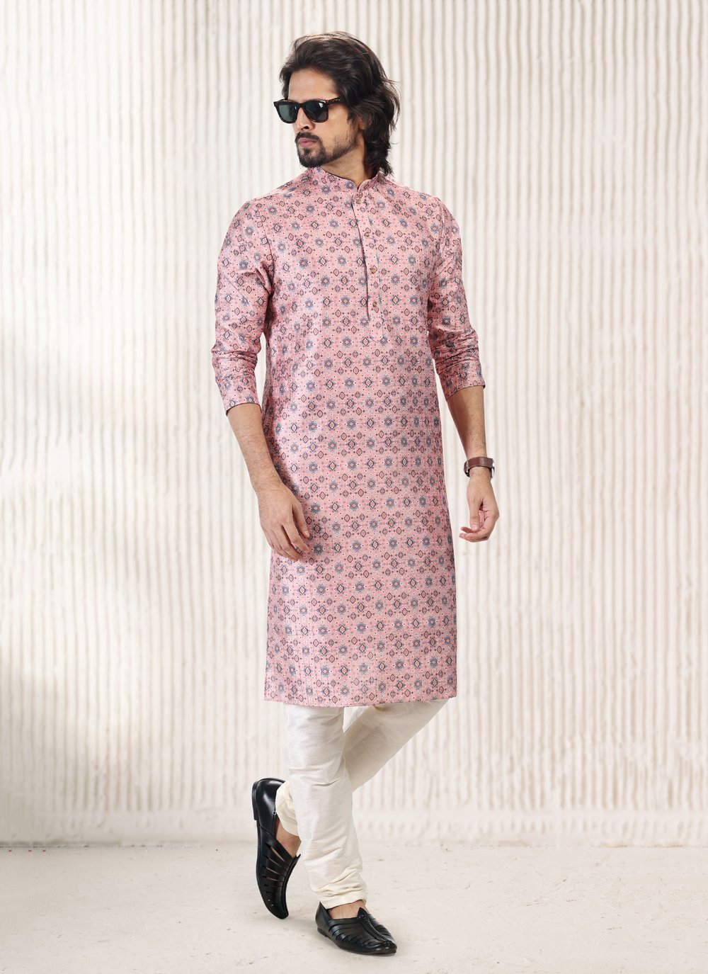 Kurta Pyjama Banarasi Jacquard Pink Fancy Work Mens