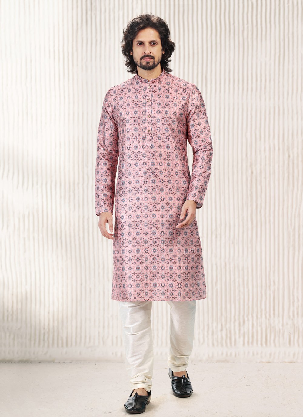 Kurta Pyjama Banarasi Jacquard Pink Fancy Work Mens