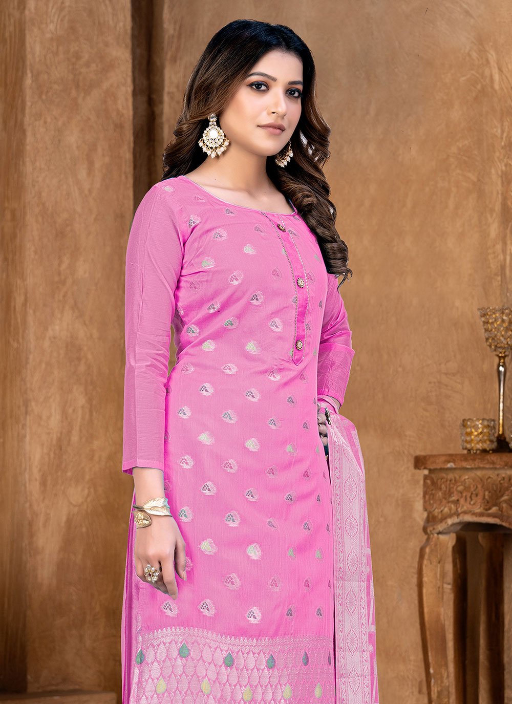 Straight Salwar Suit Banarasi Jacquard Pink Weaving Salwar Kameez