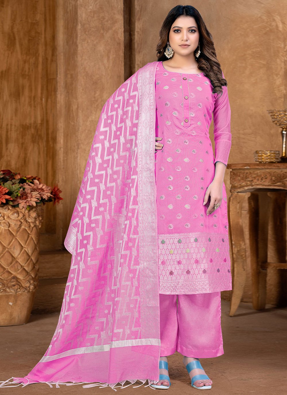 Straight Salwar Suit Banarasi Jacquard Pink Weaving Salwar Kameez