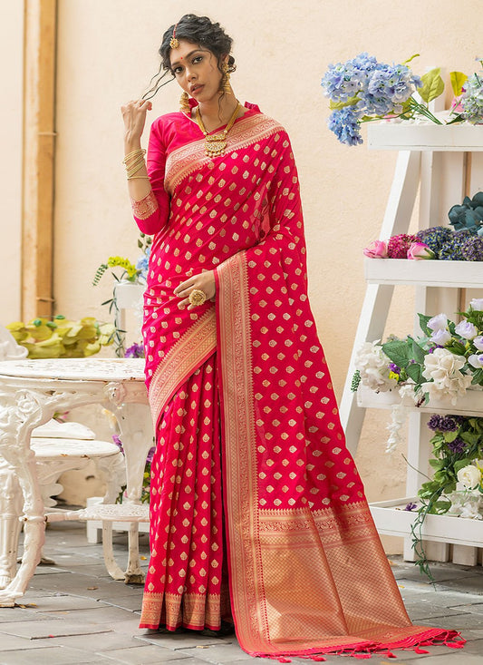 Contemporary Banarasi Silk Pink Woven Saree