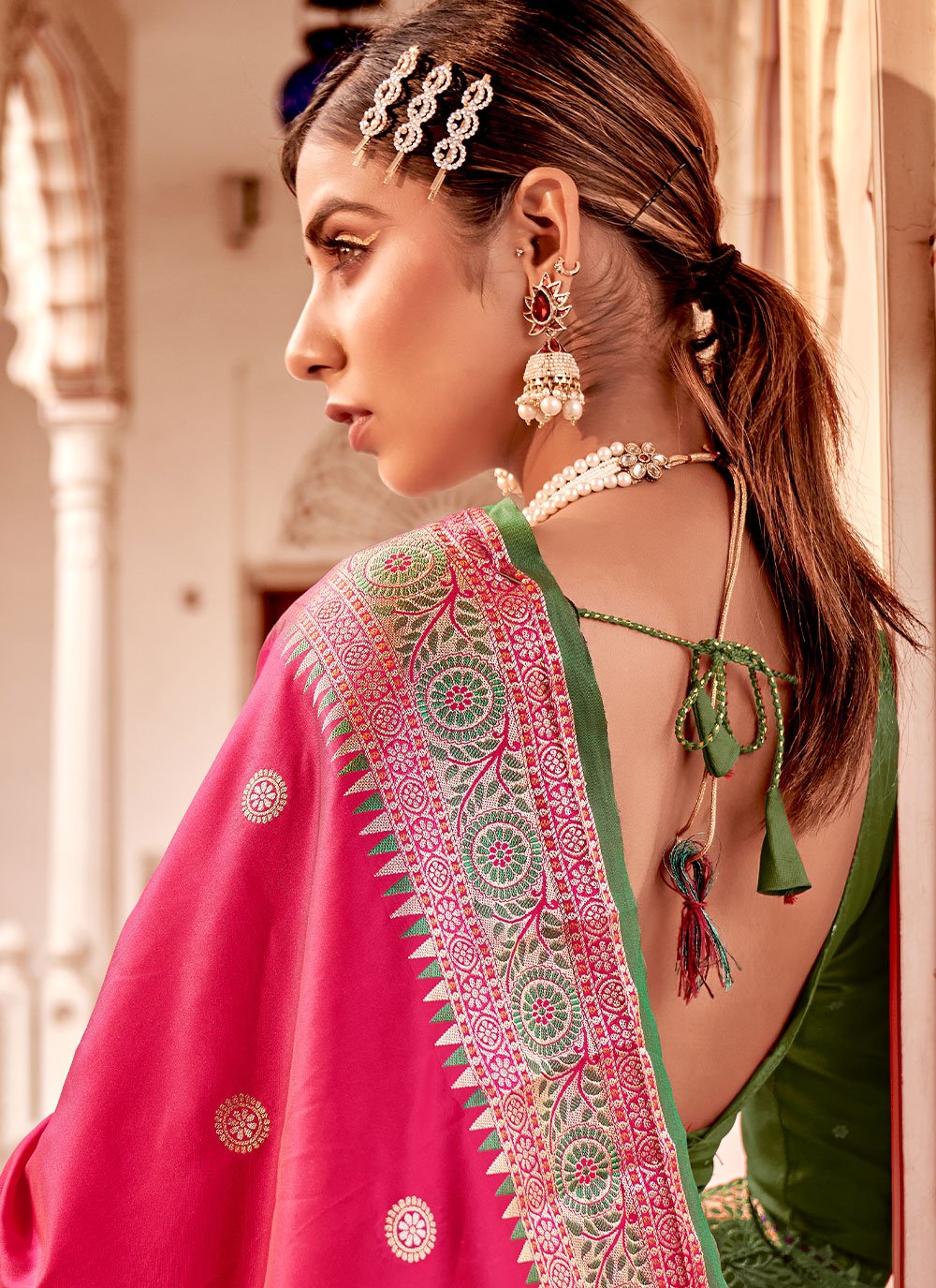 Contemporary Banarasi Silk Pink Weaving Saree