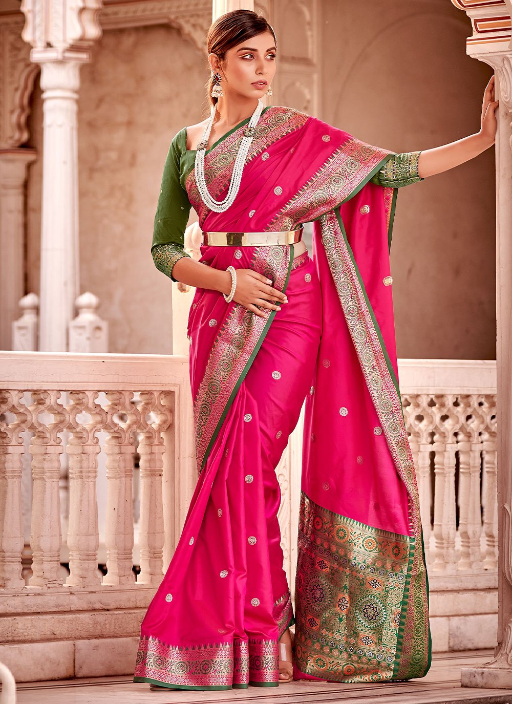 Contemporary Banarasi Silk Pink Weaving Saree