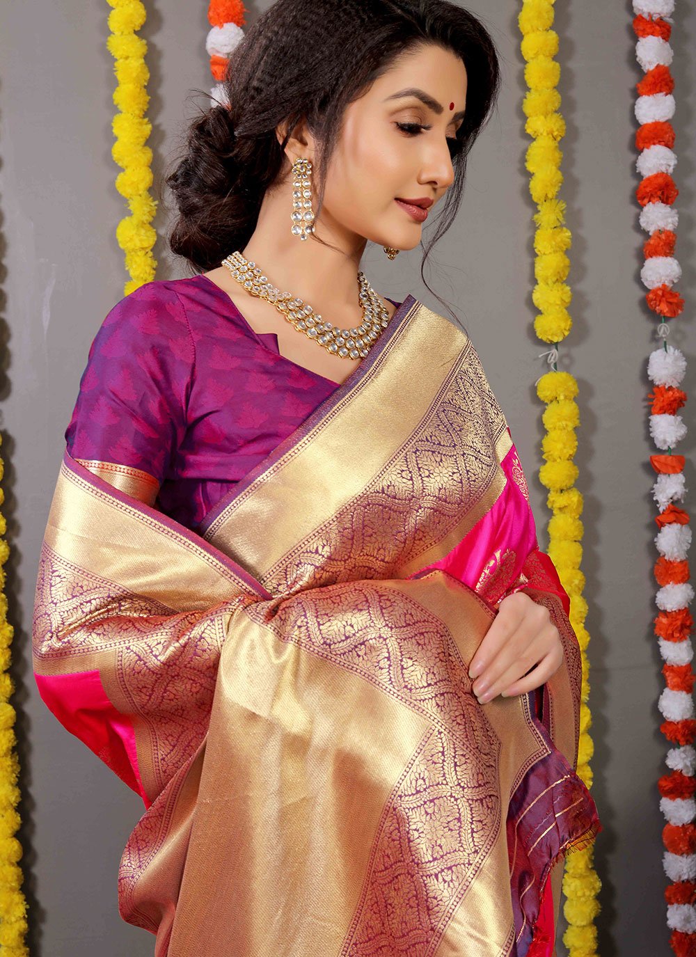 Contemporary Banarasi Silk Pink Weaving Saree