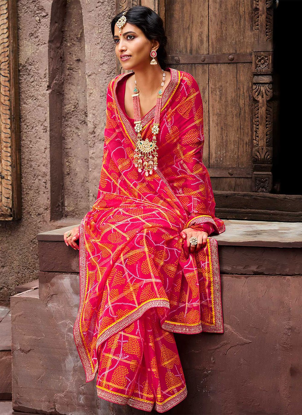 Designer Chiffon Pink Bandhej Saree