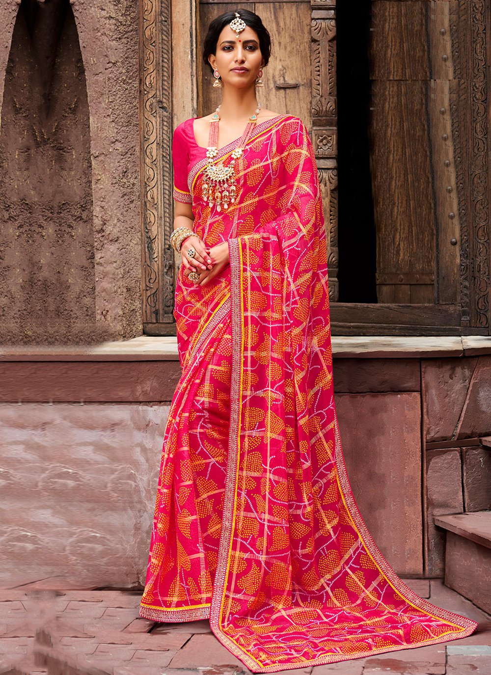 Designer Chiffon Pink Bandhej Saree