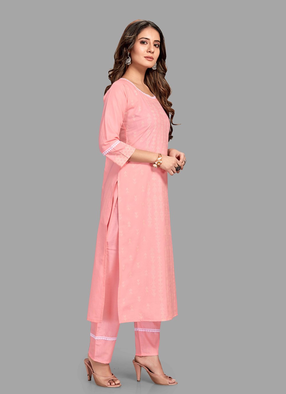 Pant Style Suit Blended Cotton Pink Block Print Salwar Kameez