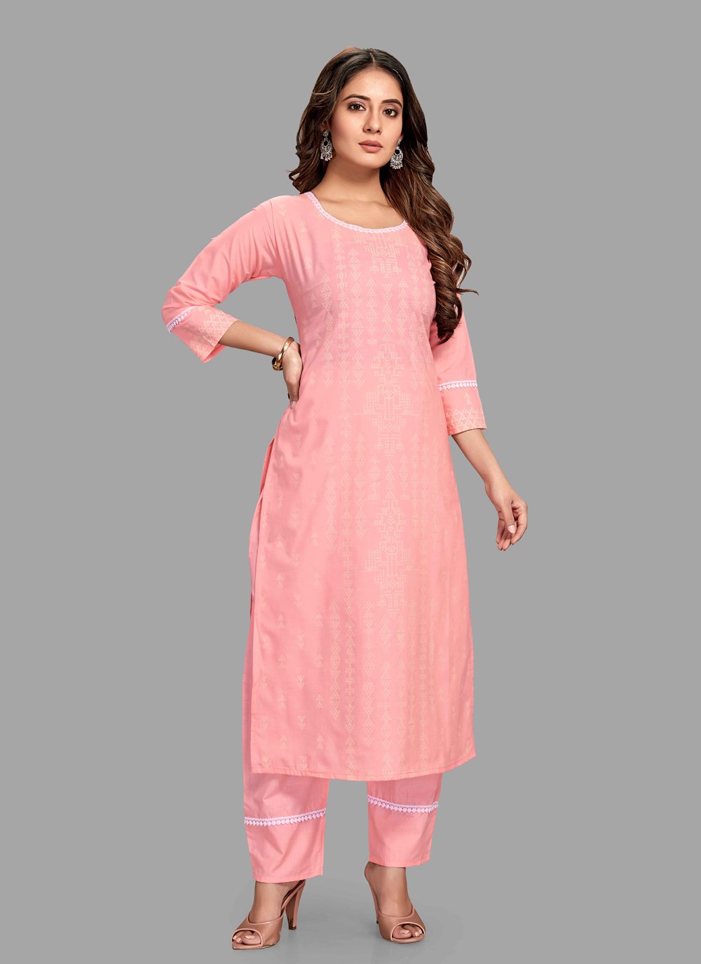 Pant Style Suit Blended Cotton Pink Block Print Salwar Kameez