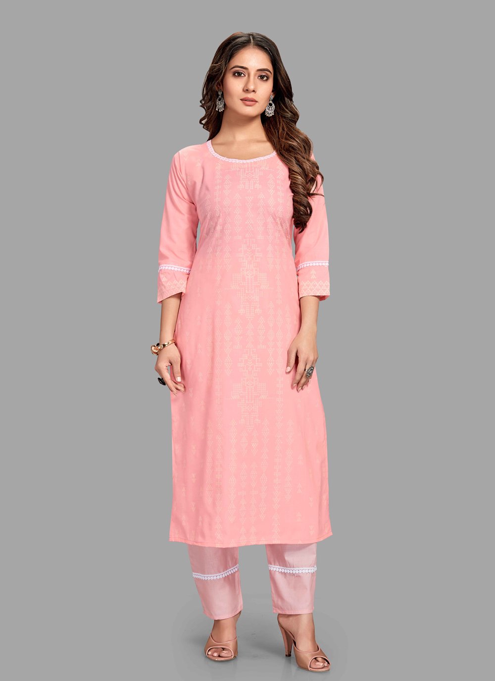 Pant Style Suit Blended Cotton Pink Block Print Salwar Kameez