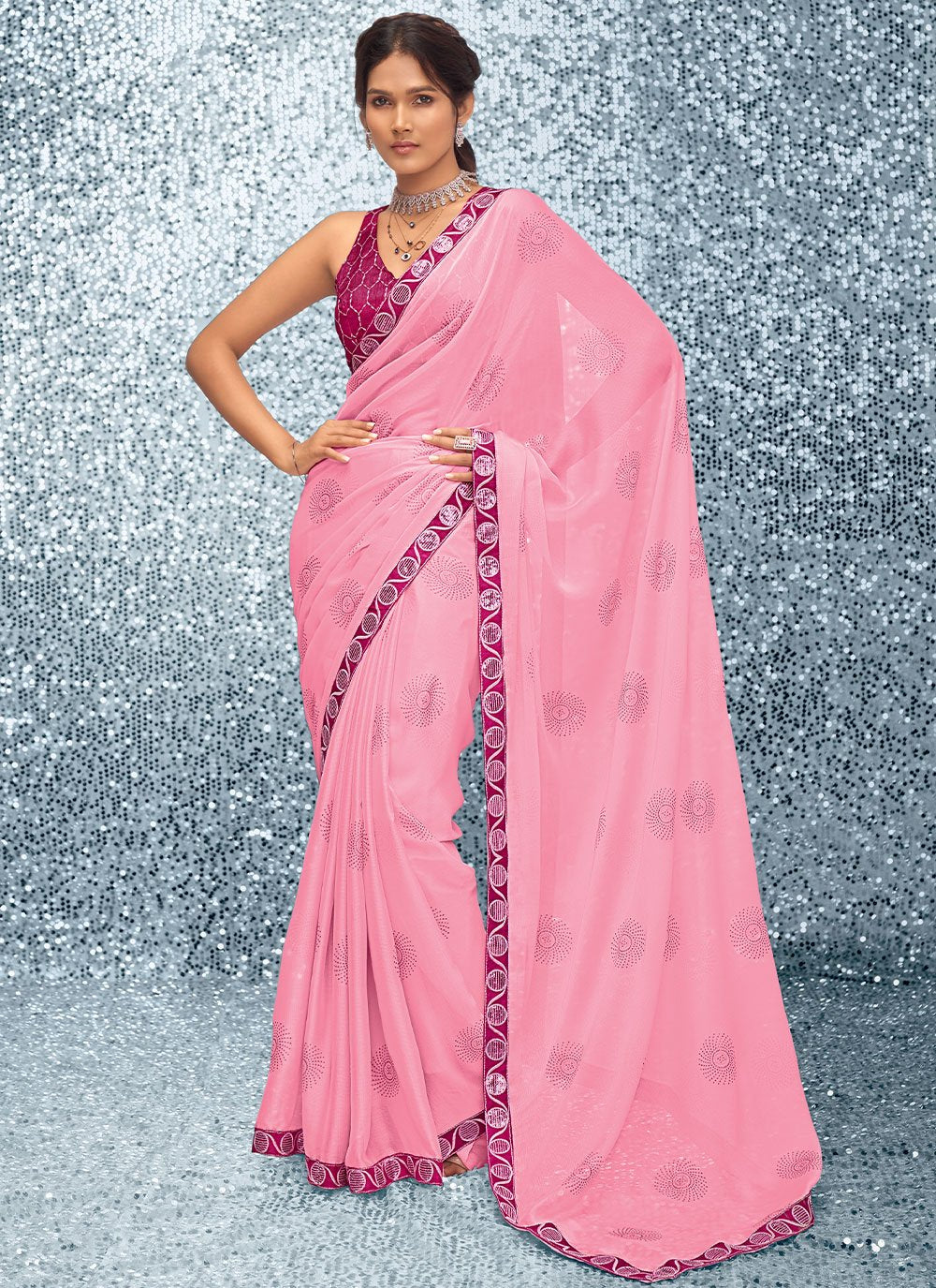 Trendy Saree Chiffon Pink Embroidered Saree