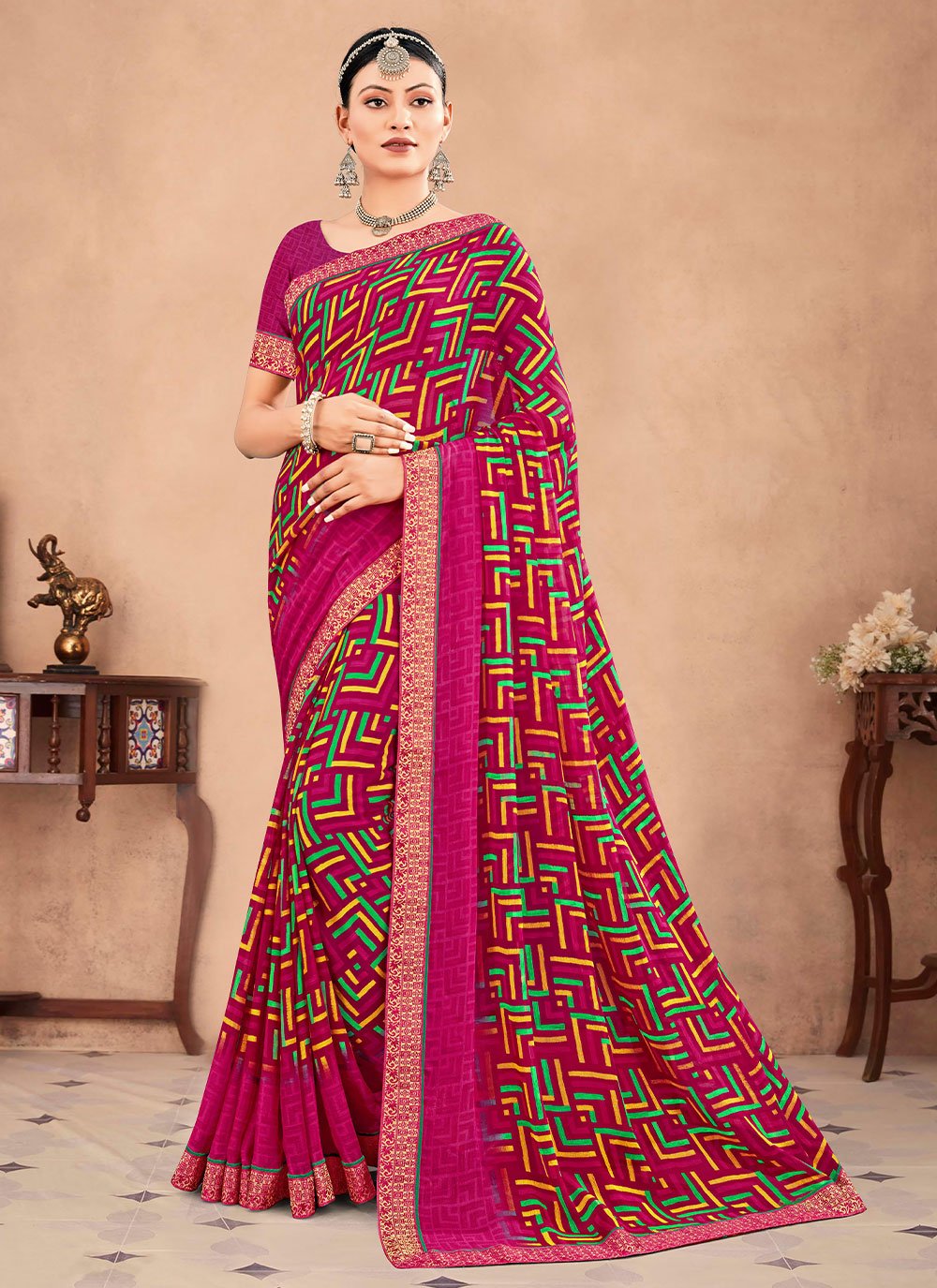 Trendy Saree Chiffon Pink Patch Border Saree