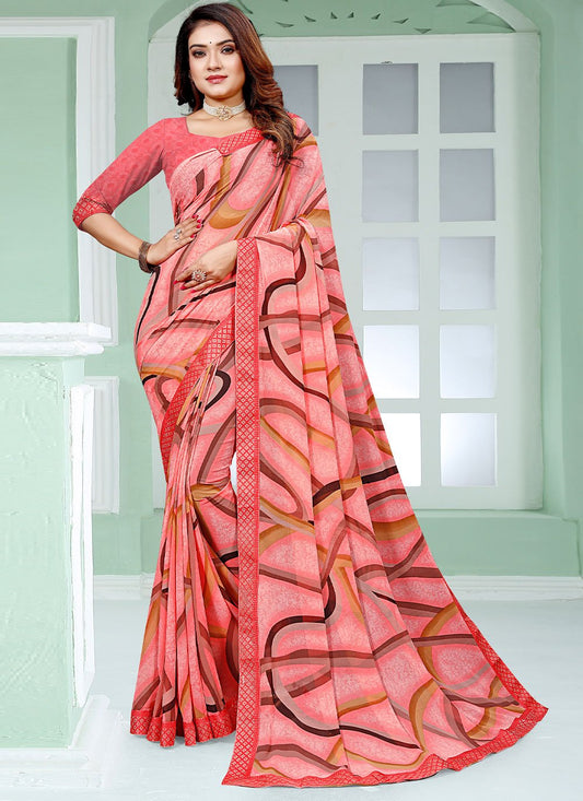 Contemporary Faux Georgette Pink Patch Border Saree