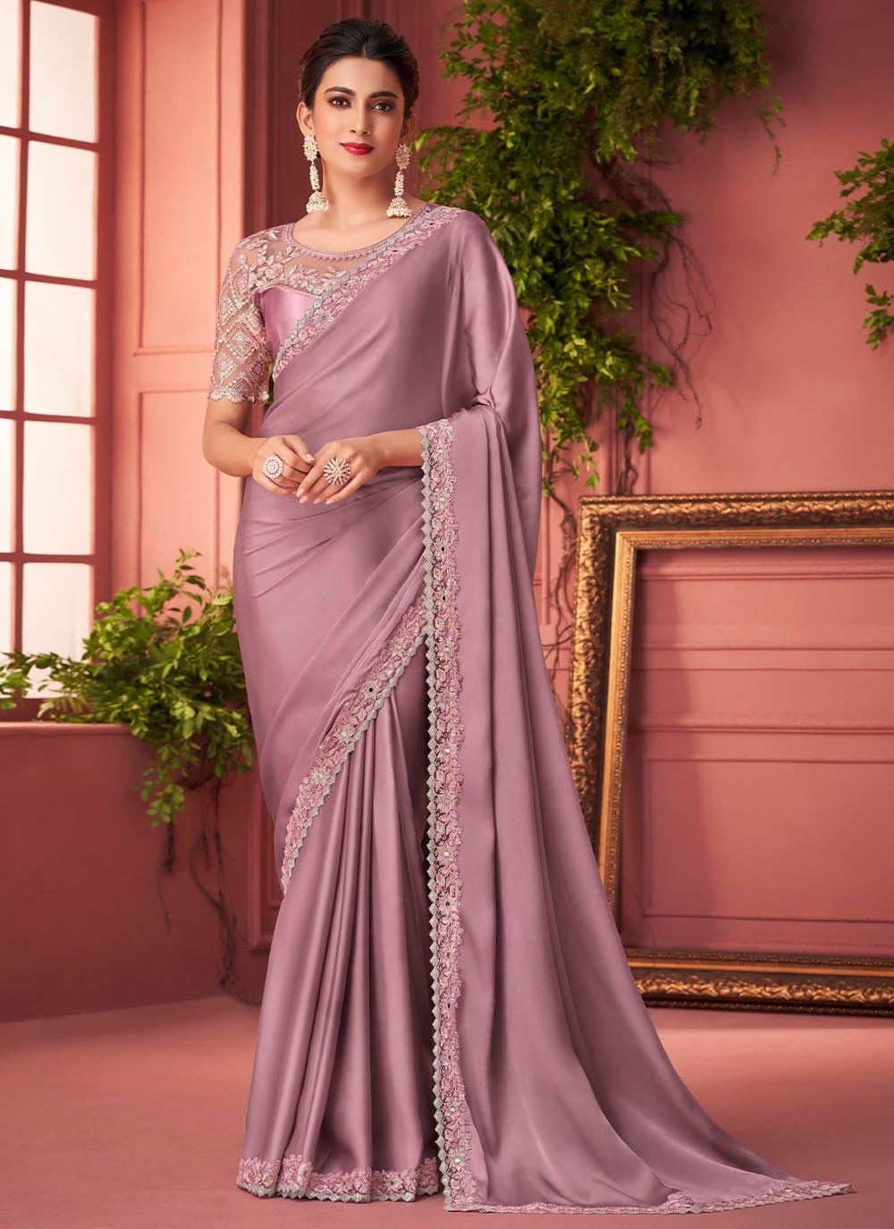 Designer Georgette Satin Pink Lace Saree